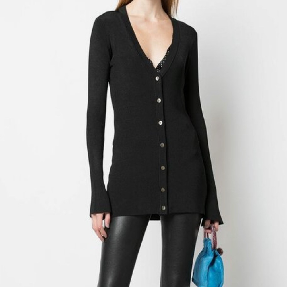 L'AGENCE Lucas Long Black Ribbed V-Neck Cardigan - Picture 4 of 4